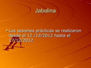 Jabalina


Las sesiones prácticas se realizaron
desde el 12 /12/2012 hasta el
17/12/2012
 