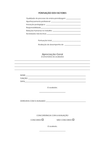 PONTUAÇÃO DOS FACTORES

             Qualidade do processo de ensino-prendizagem _________________
             Aperfeiçoamento profissional ___________________________________
             Inovação pedagógica _________________________________________
             Responsabilidade_______________________________________________
             Relações humanas no trabalho _________________________________
             Actividades não lectivas ________________________________________



                           Pontuação total __________________________________

                           Avaliação de desempenho de ___________________




                                Apreciação Geral
                               (Comentários do avaliador)
_________________________________________________________________________________________
_________________________________________________________________________________________
_________________________________________________________________________________________
_________________________________________________________________________________________


      NOME _______________________________________________________________________
      FUNÇÃO ____________________________________________________________________
      DATA________________________________________________________________________


                                      O avaliador,

                             _______________________________




      ENTREVISTA COM O AVALIADO _______________________________________________




                         CONCORDÂNCIA COM A AVALIAÇÃO

                  CONCORDO                       NÃO CONCORDO


                                      O avaliado,

                             _______________________________
 