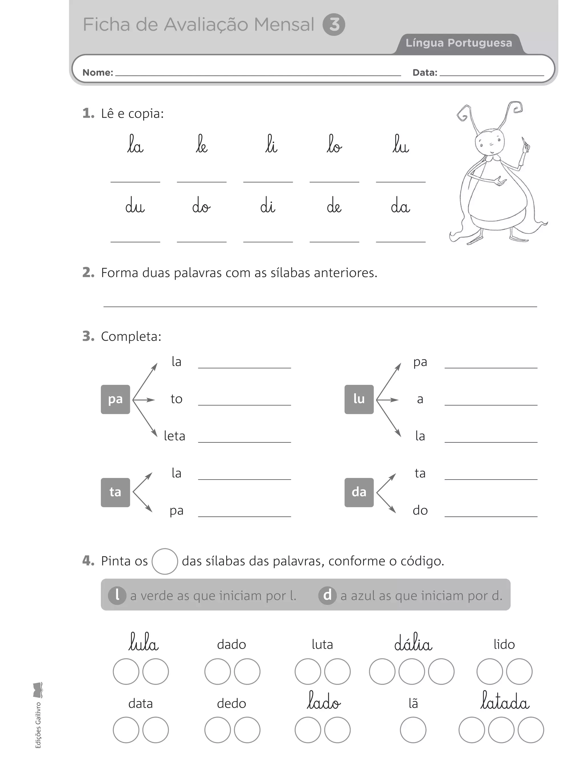 Fichas de Avaliação Mensal - LP 1.ºano | PDF