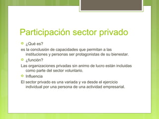 Participación sector privado
 ¿Qué es?
es la conclusión de capacidades que permitan a las
instituciones y personas ser protagonistas de su bienestar.
 ¿función?
Las organizaciones privadas sin animo de lucro están incluidas
como parte del sector voluntario.
 Influencia
El sector privado es una variada y va desde el ejercicio
individual por una persona de una actividad empresarial.
 