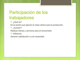 Participación de los
trabajadores
 ¿Qué es?
Es la acción que ejercen la clase obrera para la producción.
 ¿función?
Realizar bienes y servicios para el consumidor.
 Influencia
Generar satisfacción a una necesidad.
 