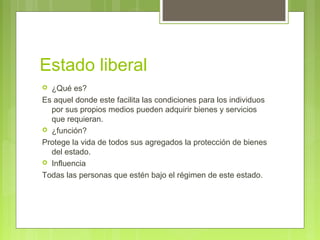 Estado liberal
 ¿Qué es?
Es aquel donde este facilita las condiciones para los individuos
por sus propios medios pueden adquirir bienes y servicios
que requieran.
 ¿función?
Protege la vida de todos sus agregados la protección de bienes
del estado.
 Influencia
Todas las personas que estén bajo el régimen de este estado.
 