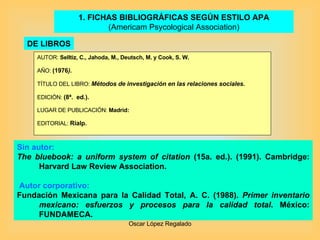 1. FICHAS BIBLIOGRÁFICAS SEGÚN ESTILO APA (Americam Psycological Association) AUTOR:  Selltiz, C., Jahoda, M., Deutsch, M. y Cook, S. W. AÑO:  (1976 ). TÍTULO DEL LIBRO:  Métodos de investigación en las relaciones sociales. EDICIÓN:  (8ª.  ed.). LUGAR DE PUBLICACIÓN:  Madrid: EDITORIAL:  Rialp. DE LIBROS Sin autor: The bluebook: a uniform system of citation  (15a. ed.). (1991). Cambridge: Harvard Law Review Association. Autor corporativo: Fundación Mexicana para la Calidad Total, A. C. (1988).  Primer inventario mexicano: esfuerzos y procesos para la calidad total . México: FUNDAMECA. 