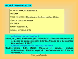 DE  ARTÍCULOS DE REVISTAS AUTOR(es):  Parra, R. E. y González, A. AÑO:  (1994). TÍTULO DEL ARTÍCULO:  Magnetismo en aleaciones metálicas diluidas. TÍTULO DE LA REVISTA:  CIENCIA , VOLUMEN:  3 NÚMERO DE EDICIÓN:  (2), NÚMEROS DE PÁGINAS:  67-74. Artículo de revista, volumen 4 Stefan, D. (1997). Sociedades post comunistas. Transición económica en los países de Europa central y Oriental.  Anuales de la Universidad Metropolitana ,  4 , 19-27. Ejemplar completo de una revista, con editor Gauthier-Villars (Ed.). (1973). Opinions et scrutins: analyse mathématique  [Número especial].  Mathématiques et  Sciences  Humaines ,  43 . 