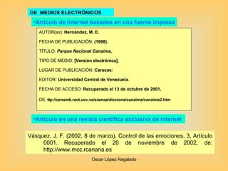 DE  MEDIOS ELECTRÓNICOS AUTOR(es):  Hernández, M. E.  FECHA DE PUBLICACIÓN:  (1998). TÍTULO:  Parque Nacional Canaima , TIPO DE MEDIO:  [Versión electrónica], LUGAR DE PUBLICACIÓN:  Caracas:  EDITOR:   Universidad Central de Venezuela. FECHA DE ACCESO:  Recuperado el 13 de octubre de   2001, DE :   ttp://cenamb.rect.ucv.ve/siamaz/dicciona/canaima/canaima2.htm  Artículo de internet basados en una fuente impresa Artículo en una revista científica exclusiva de internet  Vásquez, J. F. (2002, 8 de marzo). Control de las emociones, 3, Artículo 0001. Recuperado el 20 de noviembre de 2002, de:  http://www.mcc.rcanaria.es   