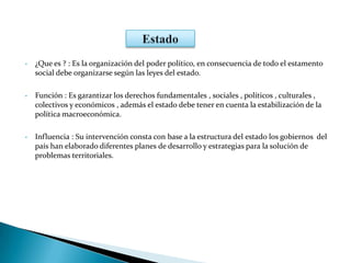 • ¿Que es ? : Es la organización del poder político, en consecuencia de todo el estamento
social debe organizarse según las leyes del estado.
• Función : Es garantizar los derechos fundamentales , sociales , políticos , culturales ,
colectivos y económicos , además el estado debe tener en cuenta la estabilización de la
política macroeconómica.
• Influencia : Su intervención consta con base a la estructura del estado los gobiernos del
país han elaborado diferentes planes de desarrollo y estrategias para la solución de
problemas territoriales.
 