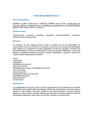 FICHA BIBLIOGRÁFICA NO. 6

Datos bibliográficos

SIERRA VILLAMIL Gloria María. VANEGAS TORRES Norma Sofía. Construcción del
Discurso. Hacia la construcción de un profesional competente en el uso del lenguaje.
Bogotá: EAN. Tercera Edición, Capítulo 2.

Palabras claves

Argumentación, esquemas cognitivos,         esquemas     metacomunicativos,    inferencia,
semiótica, lectura transaccional,

Resumen

El contenido de este capítulo permite poner en práctica dos de las habilidades de
comunicación como lo es la lectura y la escucha. Es así como nos proporciona estrategias
para mejorar en la aplicación de estas habilidades en diversos contextos. También nos
permite identificar el nivel que presentamos en cada una de estas habilidades, a través de
diversas actividades podemos reconocer nuestras debilidades y proponer metas para
mejorar nuestro desempeño profesional.

Índice
Introducción
Diagnostico
Habilidades de escucha
¿Qué es escuchar?
Estrategias para mejorar la habilidad de escuchar
Acto de escucha
Tipos de escucha
Aprendizaje a partir de la escucha
Habilidades de lectura
El proceso lector
El acto de leer

Comentarios

Las habilidades de escucha y lectura forman parte esencial en el desarrollo de nuestras
habilidades como profesionales competentes. Realmente consideramos que el escuchar a
alguien es solo mirarlo a los ojos, cuando lo que debemos hacer es centrar nuestra
atención en ellos. Existen diversas técnicas para abordar una lectura, debemos tratar de
identificarlas aplicarlas y seleccionar la que mejor resultado nos proporcione.
 