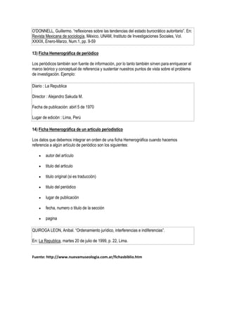 O'DONNELL, Guillermo. “reflexiones sobre las tendencias del estado burocrático autoritario”. En:
Revista Mexicana de sociología, México, UNAM, Instituto de Investigaciones Sociales, Vol.
XXXIX, Enero-Marzo, Num.1, pp. 9-59

13) Ficha Hemerográfica de periódico

Los periódicos también son fuente de información, por lo tanto también sirven para enriquecer el
marco teórico y conceptual de referencia y sustentar nuestros puntos de vista sobre el problema
de investigación. Ejemplo:

Diario : La Republica

Director : Alejandro Sakuda M.

Fecha de publicación: abirl 5 de 1970

Lugar de edición : Lima, Perú

14) Ficha Hemerográfica de un artículo periodístico

Los datos que debemos integrar en orden de una ficha Hemerográfica cuando hacemos
referencia a algún artículo de periódico son los siguientes:

       autor del artículo

       titulo del articulo

       titulo original (si es traducción)

       titulo del periódico

       lugar de publicación

       fecha, numero o titulo de la sección

       pagina

QUIROGA LEON, Anibal. “Ordenamiento jurídico, interferencias e indiferencias”.

En: La Republica, martes 20 de julio de 1999, p. 22, Lima.


Fuente: http://www.nuevamuseologia.com.ar/fichasbiblio.htm
 