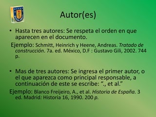 Autor(es) Hasta tres autores: Se respeta el orden en que aparecen en el documento. Ejemplo: Schmitt, Heinrich y Heene, Andreas. Tratado de construcción. 7a. ed. México, D.F : Gustavo Gili, 2002. 744 p.Mas de tres autores: Se ingresa el primer autor, o el que aparezca como principal responsable, a continuación de este se escribe: “., et al.”Ejemplo: Blanco Freijeiro, A., et al. Historia de España. 3 ed. Madrid: Historia 16, 1990. 200 p.