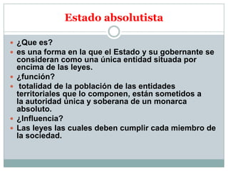 Estado absolutista
 ¿Que es?
 es una forma en la que el Estado y su gobernante se







consideran como una única entidad situada por
encima de las leyes.
¿función?
totalidad de la población de las entidades
territoriales que lo componen, están sometidos a
la autoridad única y soberana de un monarca
absoluto.
¿Influencia?
Las leyes las cuales deben cumplir cada miembro de
la sociedad.

 