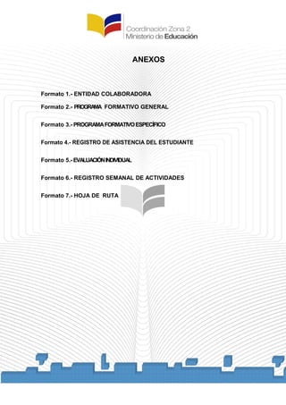 ANEXOS
Formato 1.- ENTIDAD COLABORADORA
Formato 2.- PROGRAMA FORMATIVO GENERAL
Formato 3.- PROGRAMAFORMATIVOESPECÍFICO
Formato 4.- REGISTRO DE ASISTENCIA DEL ESTUDIANTE
Formato 5.- EVALUACIÓNINDIVIDUAL
Formato 6.- REGISTRO SEMANAL DE ACTIVIDADES
Formato 7.- HOJA DE RUTA
 