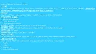 Condiciones funcionales y el movimiento corporal
I. EXAMEN
Suma de procedimientos que tienen por objetivo obtener: antecedentes, estudios, análisis, estructura y función de los segmentos corporales sistema nervioso,
musculoesquelético, cardiotorácico y tegumentario hablan directo del dominio del sistema motor
II. MEDICIÓN
Procura la exactitud con expresión (numérico, simbólica y cuantitativa (en, hipo, normo, hiper y clonus reflexia)
III. PROCEDIMIENTO DE MEDIDA:
• Aplicación del método idóneo
• Conocer procedimiento
• Marcos de referencia científica
MOVIMIENTO ACTIVO: no aumenta fuerza en musculo no destreza ni coordinación
MOVIMIENTO PASIVO: permite aislar la contracción y ver limitaciones articulares (no atrofia, no fm ni circulación)
HIPERMOVILIDAD: +ROM pasivo
HIPOMOVILIDAD: amplitud inferior (acortamiento o anomalías)
END FEEL PATOLÓGICO:
Cada articulación tiene una sensación final concreta PATOLOGICA: aquella que aparece antes del final del movimiento articular previsto
CALIDAD DE MOVIMIENTO:
Evalué la sensación terminal lenta y cuidadosamente con un ligero estiramiento adicional tras un movimiento pasivo
1. Registro
2. Análisis
3. Interpretación
4. Rehabilitación generalizada
 