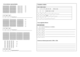 Lê os números representados:
Duzentos e ___________________________
Trezentos e __________________________
Quatrocentos e ______________________
C D U
C D U
C D U
Completa a tabela:
C D U
2 8 20 + 8 = 28 Vinte e oito
100 + 40 + 2 = 142
2 6 3 _____ + _____+ ____ = ______
2 7 8 200 + ___ + ____ = ______
3 9 1 ____+ ____ + ____ =
Faz as seguintes leituras:
C D U
3 2 3 dezenas e 2 unidades
1 0 4 ___________________________________________________________
2 1 9 _________________________________________________________
3 4 7 _________________________________________________________
4 8 1 __________________________________________________________
Escreve os números pares entre o 199 e o 230:
_________________________________________________________________________
_________________________________________________________________________
_________________________________________________________________________
_________________________________________________________________________
 