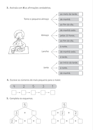 3. Assinala com X as afirmações verdadeiras.

                                                    ao meio da tarde.

                 Tomo o pequeno-almoço              de manhã.

                                                    ao fim do dia.

                                                    de manhã cedo.

                                  Almoço            pelas 13 horas.

                                                    ao fim do dia.

                                                    à noite.

                                  Lancho            de manhã cedo.

                                                    à tarde.

                                                    ao início da tarde.

                                    Janto           à noite.

                                                    de manhã.


4. Escreve os números do mais pequeno para o maior.

      4         2        5         3           1


5. Completa os esquemas.

                 5                                     5

          3      +                                 + 2         +      2

    2 + 1 + 1 + 1                                  + 1 + 1 + 1
 