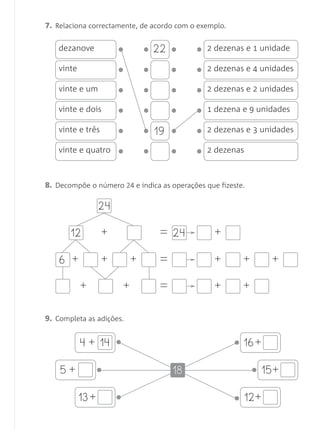 7. Relaciona correctamente, de acordo com o exemplo.

   dezanove                    22              2 dezenas e 1 unidade

   vinte                                       2 dezenas e 4 unidades

   vinte e um                                  2 dezenas e 2 unidades

   vinte e dois                                1 dezena e 9 unidades

   vinte e três                 19             2 dezenas e 3 unidades

   vinte e quatro                              2 dezenas



8. Decompõe o número 24 e indica as operações que fizeste.

                  24

        12        +              = 24            +

    6 + 1 + 1 + 1 =                              +       +      +

    1      +       1       +   1 =               +       +

9. Completa as adições.


           4 + 14      •                               • 16 +
    5+         •                     18                      • 15+
           13 +        •                               • 12 +
 