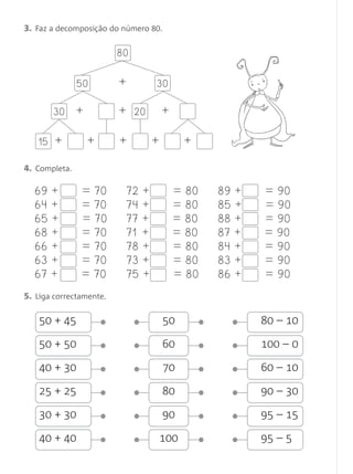 3. Faz a decomposição do número 80.

                         80


               50        +       30

        30     +     1 + 20           +    1

   15   + 1 + 1 + 1 + 1 + 1

4. Completa.

   69 +        = 70       72 +            = 80   89 +   = 90
   64 +        = 70       74 +            = 80   85 +   = 90
   65 +        = 70       77 +            = 80   88 +   = 90
   68 +        = 70       71 +            = 80   87 +   = 90
   66 +        = 70       78 +            = 80   84 +   = 90
   63 +        = 70       73 +            = 80   83 +   = 90
   67 +        = 70       75 +            = 80   86 +   = 90
5. Liga correctamente.

    50 + 45                           50                80 – 10

    50 + 50                           60                100 – 0

    40 + 30                           70                60 – 10

    25 + 25                           80                90 – 30

    30 + 30                           90                95 – 15

    40 + 40                       100                   95 – 50
 