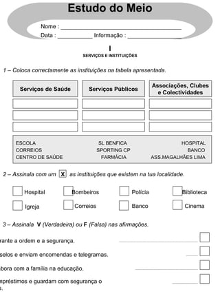 1 – Coloca correctamente as instituições na tabela apresentada.
Estudo do Meio
Nome : ______________________________________
Data : ___________ Informação : _________________
2 – Assinala com um X as instituições que existem na tua localidade.
Serviços de Saúde Serviços Públicos
Associações, Clubes
e Colectividades
ESCOLA SL BENFICA HOSPITAL
CORREIOS SPORTING CP BANCO
CENTRO DE SAÚDE FARMÁCIA ASS.MAGALHÃES LIMA
Hospital
Igreja
Bombeiros
Correios
Polícia
Banco
Biblioteca
Cinema
SERVIÇOS E INSTITUIÇÕES
I
3 – Assinala V (Verdadeira) ou F (Falsa) nas afirmações.
rante a ordem e a segurança.
selos e enviam encomendas e telegramas.
abora com a família na educação.
mpréstimos e guardam com segurança o
s.
 
