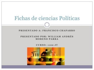 Fichas de ciencias Políticas

 PRESENTADO A: FRANCISCO CHAPARRO

  PRESENTADO POR: WILLIAM ANDRÉS
          MORENO PARRA

          CURSO: 1102 JT
 