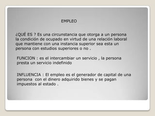 EMPLEO


¿QUÉ ES ? Es una circunstancia que otorga a un persona
la condición de ocupado en virtud de una relación laboral
que mantiene con una instancia superior sea esta un
persona con estudios superiores o no .

FUNCION : es el intercambiar un servicio , la persona
presta un servicio indefinido


INFLUENCIA : El empleo es el generador de capital de una
persona con el dinero adquirido bienes y se pagan
impuestos al estado .
 