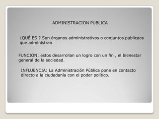 ADMINISTRACION PUBLICA


¿QUÉ ES ? Son órganos administrativos o conjuntos publicaos
que administran.


FUNCION: estos desarrollan un logro con un fin , el bienestar
general de la sociedad.

 INFLUENCIA: La Administración Pública pone en contacto
 directo a la ciudadanía con el poder político.
 