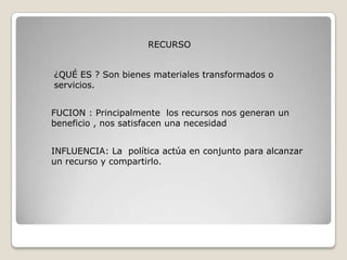 RECURSO


¿QUÉ ES ? Son bienes materiales transformados o
servicios.


FUCION : Principalmente los recursos nos generan un
beneficio , nos satisfacen una necesidad


INFLUENCIA: La política actúa en conjunto para alcanzar
un recurso y compartirlo.
 