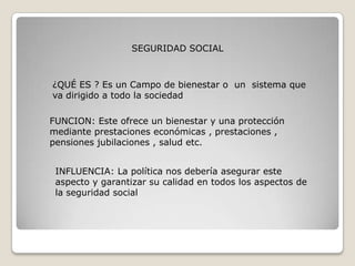 SEGURIDAD SOCIAL



¿QUÉ ES ? Es un Campo de bienestar o un sistema que
va dirigido a todo la sociedad

FUNCION: Este ofrece un bienestar y una protección
mediante prestaciones económicas , prestaciones ,
pensiones jubilaciones , salud etc.


 INFLUENCIA: La política nos debería asegurar este
 aspecto y garantizar su calidad en todos los aspectos de
 la seguridad social
 
