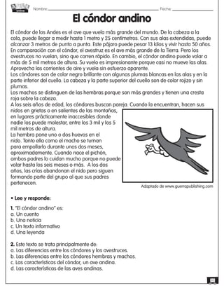 Nombre: 	Fecha:
online
33
El cóndor andino
• Lee y responde:
El cóndor de los Andes es el ave que vuela más grande del mundo. De la cabeza a la
cola, puede llegar a medir hasta 1 metro y 25 centímetros. Con sus alas extendidas, puede
alcanzar 3 metros de punta a punta. Este pájaro puede pesar 13 kilos y vivir hasta 50 años.
En comparación con el cóndor, el avestruz es el ave más grande de la Tierra. Pero los
avestruces no vuelan, sino que corren rápido. En cambio, el cóndor andino puede volar a
más de 5 mil metros de altura. Su vuelo es impresionante porque casi no mueve las alas.
Aprovecha las corrientes de aire y vuela sin esfuerzo aparente.
Los cóndores son de color negro brillante con algunas plumas blancas en las alas y en la
parte inferior del cuello. La cabeza y la parte superior del cuello son de color rojizo y sin
plumas.
Los machos se distinguen de las hembras porque son más grandes y tienen una cresta
roja sobre la cabeza.
A los seis años de edad, los cóndores buscan pareja. Cuando la encuentran, hacen sus
nidos en grietas o en salientes de las montañas,
en lugares prácticamente inaccesibles donde
nadie los puede molestar, entre los 3 mil y los 5
mil metros de altura.
La hembra pone uno o dos huevos en el
nido. Tanto ella como el macho se turnan
para empollarlo durante unos dos meses,
aproximadamente. Cuando nace el pichón,
ambos padres lo cuidan mucho porque no puede
volar hasta los seis meses o más. A los dos
años, las crías abandonan el nido pero siguen
formando parte del grupo al que sus padres
pertenecen.
Adaptado de www.guerrapublishing.com
1. “El cóndor andino” es:
a. Un cuento
b. Una noticia
c. Un texto informativo
d. Una leyenda
2. Este texto se trata principalmente de:
a. Las diferencias entre los cóndores y los avestruces.
b. Las diferencias entre los cóndores hembras y machos.
c. Las características del cóndor, un ave andina.
d. Las características de las aves andinas.
 