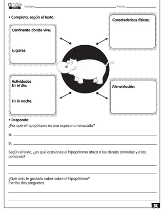 Nombre: 	Fecha:
online
40
• Completa, según el texto:
Continente donde vive:
Lugares:
Actividades
En el día:
En la noche:
Características físicas:
Alimentación:
• Responde:
¿Por qué el hipopótamo es una especie amenazada?
a.
b.
Según el texto, ¿en qué ocasiones el hipopótamo ataca a los demás animales y a las
personas?
¿Qué más te gustaría saber sobre el hipopótamo?
Escribe dos preguntas.
 