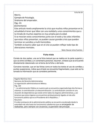Ficha No 04
Morris.
Ejemplo de Psicología.
Síndrome del emperador.
Pág.: 01
(Comentario)
Este artículo revela ampliamente la crisis que muchos niños presentan en la
actualidad al tener que lidiar con una realidad y unos conocimientos que a
la mirada de muchos expertos es muy amplia para la edad.
Si se mezclan estos conocimientos junto con el estés y los celos infantiles
que estos niños presentan, se pueden causar grandes crisis que pueden
terminar en suicidios y multi-homicidios.
También es bueno saber que en el cine se pueden reflejar todo tipo de
alteraciones mentales.
Nota: Buscar otras fuentes.
Ficha mixta
Consta de dos partes; una es la ficha textual que se realiza en la parte superior y
que va entre comillas y un comentario personal, resumen, síntesis que se encuentre
directamente relacionado con el tema de la ficha o del texto.
Conviene recordar, que en las fichas como en todos los textos el uso de comillas y
puntos suspensivos, indica que el texto se encuentra fragmentado y que solo se ha
tomado la información que se considera pertinente.
Rogelio Martínez Vera
Nociones de Derecho Administrativo
La organización administrativa en México.
Pág. 163
“…La administración Pública en nuestro país se encuentra organizada bajo dos formas o
sistemas: la centralización y la descentralización. La centralización consiste en una
situación de dependencia que existe entre todos los órganos administrativos, y así
tenemos que estos órganos se encuentran jerárquicamente ligados al más alto
funcionario público que es el Presidente de la República…”
Resumen:
El orden jerárquico de la administración pública se encuentra escalonado desde la
autoridad más alta hasta los funcionarios subalternos que se encargarán de
realizarlas, pero siempre con anuencia y supervisión del principal.
 