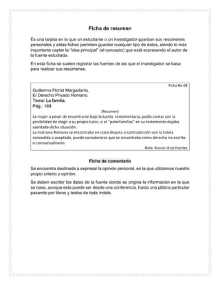 Ficha de resumen
Es una tarjeta en la que un estudiante o un investigador guardan sus resúmenes
personales y estas fichas permiten guardar cualquier tipo de datos, siendo lo más
importante captar la “idea principal” (el concepto) que está expresando el autor de
la fuente estudiada.
En esta ficha se suelen registrar las fuentes de las que el investigador se basa
para realizar sus resúmenes.
Ficha No 04
Guillermo Florist Margadants.
El Derecho Privado Romano.
Tema: La familia.
Pág.: 169
(Resumen)
La mujer a pesar de encontrarse bajo la tutela testamentaria, podía contar con la
posibilidad de elegir a su propio tutor, si el “paterfamilias” en su testamento dejaba
asentada dicha situación.
La matrona Romana se encontraba en clara disputa o contradicción con la tutela
concedida o aceptada, puede considerarse que se encontraba como derecho no escrito
o consuetudinario.
Nota: Buscar otras fuentes
Ficha de comentario
Se encuentra destinada a expresar la opinión personal, en la que utilizamos nuestro
propio criterio y opinión.
Se deben escribir los datos de la fuente donde se origina la información en la que
se basa, aunque esta puede ser desde una conferencia, hasta una plática particular
pasando por libros y textos de toda índole.
 