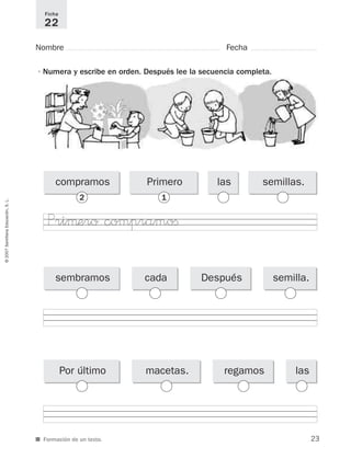 ©2007SantillanaEducación,S.L.
■ Formación de un texto.
Nombre Fecha
Ficha
22
•Numera y escribe en orden. Después lee la secuencia completa.
compramos
2
Primero
1
las semillas.
Por último macetas. lasregamos
Priµero compramoﬁ
sembramos cada Después semilla.
23
921561 _ 0001-0035.qxd 23/5/07 17:30 Página 23
 
