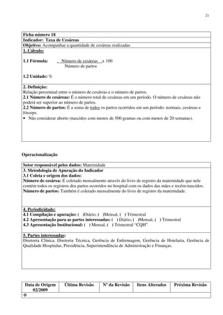 Data de Origem
02/2009
Última Revisão Nº da Revisão Itens Alterados Próxima Revisão
21
Ficha número 18
Indicador: Taxa de Cesáreas
Objetivo: Acompanhar a quantidade de cesáreas realizadas
1. Cálculo:
1.1 Fórmula: . Número de cesáreas .x 100
Número de partos
1.2 Unidade: %
2. Definição:
Relação percentual entre o número de cesáreas e o número de partos.
2.1 Número de cesáreas: É o número total de cesáreas em um período. O número de cesáreas não
poderá ser superior ao número de partos.
2.2 Número de partos: É a soma de todos os partos ocorridos em um período: normais, cesáreas e
fórceps.
• Não considerar aborto (nascidos com menos de 500 gramas ou com menos de 20 semanas).
Operacionalização
Setor responsável pelos dados: Maternidade
3. Metodologia de Apuração do Indicador
3.1 Coleta e origem dos dados:
Número de cesárea: É coletado mensalmente através do livro de registro da maternidade que nele
contém todos os registros dos partos ocorridos no hospital com os dados das mães e recém-nascidos.
Número de partos: Também é coletado mensalmente do livro de registro da maternidade.
4. Periodicidade:
4.1 Compilação e apuração: ( )Diário, ( )Mensal, ( ) Trimestral
4.2 Apresentação para as partes interessadas: ( ) Diário, ( )Mensal, ( ) Trimestral
4.3 Apresentação Institucional: ( ) Mensal, ( ) Trimestral “CQH”
5. Partes interessadas:
Diretoria Clínica, Diretoria Técnica, Gerência de Enfermagem, Gerência de Hotelaria, Gerência de
Qualidade Hospitalar, Presidência, Superintendência de Administração e Finanças.
 