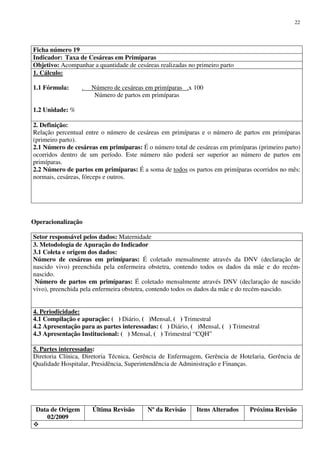 Data de Origem
02/2009
Última Revisão Nº da Revisão Itens Alterados Próxima Revisão
22
Ficha número 19
Indicador: Taxa de Cesáreas em Primíparas
Objetivo: Acompanhar a quantidade de cesáreas realizadas no primeiro parto
1. Cálculo:
1.1 Fórmula: . Número de cesáreas em primíparas .x 100
Número de partos em primíparas
1.2 Unidade: %
2. Definição:
Relação percentual entre o número de cesáreas em primíparas e o número de partos em primíparas
(primeiro parto).
2.1 Número de cesáreas em primíparas: É o número total de cesáreas em primíparas (primeiro parto)
ocorridos dentro de um período. Este número não poderá ser superior ao número de partos em
primíparas.
2.2 Número de partos em primíparas: É a soma de todos os partos em primíparas ocorridos no mês:
normais, cesáreas, fórceps e outros.
Operacionalização
Setor responsável pelos dados: Maternidade
3. Metodologia de Apuração do Indicador
3.1 Coleta e origem dos dados:
Número de cesáreas em primíparas: É coletado mensalmente através da DNV (declaração de
nascido vivo) preenchida pela enfermeira obstetra, contendo todos os dados da mãe e do recém-
nascido.
Número de partos em primíparas: É coletado mensalmente através DNV (declaração de nascido
vivo), preenchida pela enfermeira obstetra, contendo todos os dados da mãe e do recém-nascido.
4. Periodicidade:
4.1 Compilação e apuração: ( ) Diário, ( )Mensal, ( ) Trimestral
4.2 Apresentação para as partes interessadas: ( ) Diário, ( )Mensal, ( ) Trimestral
4.3 Apresentação Institucional: ( ) Mensal, ( ) Trimestral “CQH”
5. Partes interessadas:
Diretoria Clínica, Diretoria Técnica, Gerência de Enfermagem, Gerência de Hotelaria, Gerência de
Qualidade Hospitalar, Presidência, Superintendência de Administração e Finanças.
 