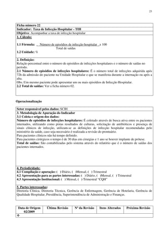 Data de Origem
02/2009
Última Revisão Nº da Revisão Itens Alterados Próxima Revisão
25
Ficha número 22
Indicador: Taxa de Infecção Hospitalar - TIH
Objetivo: Acompanhar a taxa de infecção hospitalar
1. Cálculo:
1.1 Fórmula: . Número de episódios de infecção hospitalar .x 100
Total de saídas
1.2 Unidade: %
2. Definição:
Relação percentual entre o número de episódios de infecções hospitalares e o número de saídas no
período.
2.1 Número de episódios de infecções hospitalares: É o número total de infecções adquirida após
72h da admissão do paciente na Unidade Hospitalar e que se manifesta durante a internação ou após a
alta.
Obs.:Um mesmo paciente pode apresentar um ou mais episódios de Infecção Hospitalar.
2.2 Total de saídas: Ver a ficha número 02.
Operacionalização
Setor responsável pelos dados: SCIH
3. Metodologia de Apuração do Indicador
3.1 Coleta e origem dos dados:
Número de episódios de infecções hospitalares: É coletado através de busca ativa entre os pacientes
internados, utilizando como pistas resultados de culturas, solicitação de antibióticos e presença de
sinais clínicos de infecção, utilizam-se as definições de infecção hospitalar recomendadas pelo
ministério da saúde, caso seja necessário é realizada a revisão do prontuário.
Para pacientes clínicos não há tempo definido.
Para pacientes cirúrgicos o tempo é de 30 dias em cirurgias e 1 ano se houver implante de prótese.
Total de saídas: São contabilizadas pelo sistema através do relatório que é o número de saídas dos
pacientes internados.
4. Periodicidade:
4.1 Compilação e apuração: ( ) Diário, ( )Mensal, ( ) Trimestral
4.2 Apresentação para as partes interessadas: ( ) Diário, ( )Mensal, ( ) Trimestral
4.3 Apresentação Institucional: ( ) Mensal, ( ) Trimestral “CQH”
5. Partes interessadas:
Diretoria Clínica, Diretoria Técnica, Gerência de Enfermagem, Gerência de Hotelaria, Gerência de
Qualidade Hospitalar, Presidência, Superintendência de Administração e Finanças.
 