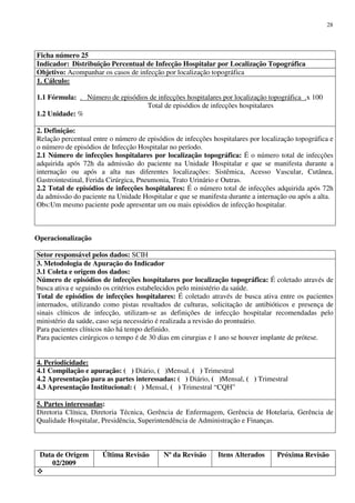Data de Origem
02/2009
Última Revisão Nº da Revisão Itens Alterados Próxima Revisão
28
Ficha número 25
Indicador: Distribuição Percentual de Infecção Hospitalar por Localização Topográfica
Objetivo: Acompanhar os casos de infecção por localização topográfica
1. Cálculo:
1.1 Fórmula: . Número de episódios de infecções hospitalares por localização topográfica .x 100
Total de episódios de infecções hospitalares
1.2 Unidade: %
2. Definição:
Relação percentual entre o número de episódios de infecções hospitalares por localização topográfica e
o número de episódios de Infecção Hospitalar no período.
2.1 Número de infecções hospitalares por localização topográfica: É o número total de infecções
adquirida após 72h da admissão do paciente na Unidade Hospitalar e que se manifesta durante a
internação ou após a alta nas diferentes localizações: Sistêmica, Acesso Vascular, Cutânea,
Gastrointestinal, Ferida Cirúrgica, Pneumonia, Trato Urinário e Outras.
2.2 Total de episódios de infecções hospitalares: É o número total de infecções adquirida após 72h
da admissão do paciente na Unidade Hospitalar e que se manifesta durante a internação ou após a alta.
Obs:Um mesmo paciente pode apresentar um ou mais episódios de infecção hospitalar.
Operacionalização
Setor responsável pelos dados: SCIH
3. Metodologia de Apuração do Indicador
3.1 Coleta e origem dos dados:
Número de episódios de infecções hospitalares por localização topográfica: É coletado através de
busca ativa e seguindo os critérios estabelecidos pelo ministério da saúde.
Total de episódios de infecções hospitalares: É coletado através de busca ativa entre os pacientes
internados, utilizando como pistas resultados de culturas, solicitação de antibióticos e presença de
sinais clínicos de infecção, utilizam-se as definições de infecção hospitalar recomendadas pelo
ministério da saúde, caso seja necessário é realizada a revisão do prontuário.
Para pacientes clínicos não há tempo definido.
Para pacientes cirúrgicos o tempo é de 30 dias em cirurgias e 1 ano se houver implante de prótese.
4. Periodicidade:
4.1 Compilação e apuração: ( ) Diário, ( )Mensal, ( ) Trimestral
4.2 Apresentação para as partes interessadas: ( ) Diário, ( )Mensal, ( ) Trimestral
4.3 Apresentação Institucional: ( ) Mensal, ( ) Trimestral “CQH”
5. Partes interessadas:
Diretoria Clínica, Diretoria Técnica, Gerência de Enfermagem, Gerência de Hotelaria, Gerência de
Qualidade Hospitalar, Presidência, Superintendência de Administração e Finanças.
 