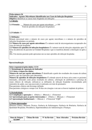 Data de Origem
02/2009
Última Revisão Nº da Revisão Itens Alterados Próxima Revisão
29
Ficha número 26
Indicador: Agentes Microbianos Identificados nos Casos de Infecção Hospitalar
Objetivo: Identificar as causas mais freqüentes de infecções
1. Cálculo:
1.1 Fórmula: . Número de casos por agente microbiano .x 100
Total de episódios de infecções hospitalares
1.2 Unidade: %
2. Definição:
Relação percentual entre o número de casos por agente microbiano e o número de episódios de
infecções hospitalares no período.
2.1 Número de casos por agente microbiano: É o número total de microorganismos recuperados dos
casos de infecção hospitalar.
2.2 Número de episódios de infecções hospitalares: É o número total de infecções adquiridas após 72
horas da admissão do paciente na Unidade Hospitalar e que se manifesta durante a internação ou após a
alta.
Obs: Um mesmo paciente pode apresentar um ou mais episódios de infecção hospitalar.
Operacionalização
Setor responsável pelos dados: SCIH
3. Metodologia de Apuração do Indicador
3.1 Coleta e origem dos dados:
Número de caso por agente microbiano: É identificado a partir dos resultados dos exames de cultura
positiva, que são realizados pelo laboratório.
Número de episódios de infecções hospitalares: É coletado através de busca ativa entre os pacientes
internados, utilizando como pistas resultados de culturas, solicitação de antibióticos e presença de
sinais clínicos de infecção, utilizam-se as definições de infecção hospitalar recomendadas pelo
ministério da saúde, caso seja necessário é realizada a revisão do prontuário.
Para pacientes clínicos não há tempo definido.
Para pacientes cirúrgicos o tempo é de 30 dias em cirurgias e um ano se houver implante de prótese.
4. Periodicidade:
4.1 Compilação e apuração: ( ) Diário, ( )Mensal, ( ) Trimestral
4.2 Apresentação para as partes interessadas: ( ) Diário, ( )Mensal, ( ) Trimestral
4.3 Apresentação Institucional: ( ) Mensal, ( ) Trimestral “CQH”
5. Partes interessadas:
Diretoria Clínica, Diretoria Técnica, Gerência de Enfermagem, Gerência de Hotelaria, Gerência de
Qualidade Hospitalar, Presidência, Superintendência de Administração e Finanças.
 