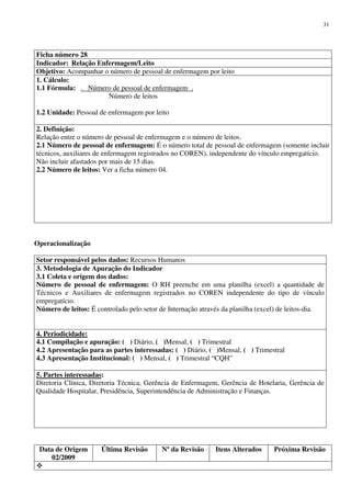 Data de Origem
02/2009
Última Revisão Nº da Revisão Itens Alterados Próxima Revisão
31
Ficha número 28
Indicador: Relação Enfermagem/Leito
Objetivo: Acompanhar o número de pessoal de enfermagem por leito
1. Cálculo:
1.1 Fórmula: . Número de pessoal de enfermagem .
Número de leitos
1.2 Unidade: Pessoal de enfermagem por leito
2. Definição:
Relação entre o número de pessoal de enfermagem e o número de leitos.
2.1 Número de pessoal de enfermagem: É o número total de pessoal de enfermagem (somente incluir
técnicos, auxiliares de enfermagem registrados no COREN), independente do vínculo empregatício.
Não incluir afastados por mais de 15 dias.
2.2 Número de leitos: Ver a ficha número 04.
Operacionalização
Setor responsável pelos dados: Recursos Humanos
3. Metodologia de Apuração do Indicador
3.1 Coleta e origem dos dados:
Número de pessoal de enfermagem: O RH preenche em uma planilha (excel) a quantidade de
Técnicos e Auxiliares de enfermagem registrados no COREN independente do tipo de vínculo
empregatício.
Número de leitos: É controlado pelo setor de Internação através da planilha (excel) de leitos-dia.
4. Periodicidade:
4.1 Compilação e apuração: ( ) Diário, ( )Mensal, ( ) Trimestral
4.2 Apresentação para as partes interessadas: ( ) Diário, ( )Mensal, ( ) Trimestral
4.3 Apresentação Institucional: ( ) Mensal, ( ) Trimestral “CQH”
5. Partes interessadas:
Diretoria Clínica, Diretoria Técnica, Gerência de Enfermagem, Gerência de Hotelaria, Gerência de
Qualidade Hospitalar, Presidência, Superintendência de Administração e Finanças.
 