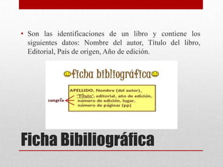 • Son las identificaciones de un libro y contiene los
siguientes datos: Nombre del autor, Título del libro,
Editorial, País de origen, Año de edición.

Ficha Bibiliográfica

 