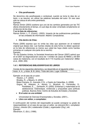 Metodología del Trabajo Intelectual                           Oscar López Regalado



    • Cita parafraseada
Se denomina cita parafraseada o contextual, cuando se toma la idea de un
texto, o se resume, sin utilizar las palabras textuales del autor. En ese caso
sólo se coloca el año entre paréntesis.
Ejemplo:
Ramos Simón (2003) sostiene que uno de los cambios generados por las TIC
afecta directamente al tiempo, el cual deja de estar cimentado simplemente en
el decurso de los días...
Y en la lista de referencias:
Ramos Simón, L. F. (Coord.). (2003). Impacto de las publicaciones periódicas
       en las unidades de información. Madrid: Complutense.

    • Cita dentro de Citas:
Flores (2009) expresa que no omita las citas que aparecen en el material
original que desea citar. Las fuentes citadas de esta forma no deben aparecer
en la lista de referencias (a menos que usted las haya citado como fuentes
primarias en cualquier otra parte de su escrito)
Ejemplo:
“En los Estados Unidos, la Sociedad Americana del Cáncer (2007) estimó que
en el 2007 se diagnosticarían cerca de 1 mimllon de casos de NMSC y 59 954
casos de melanoma, con el resultado de 8 110 muertes por melanoma” (Miller
et al., 2009. 209)

1.4.1. REFERENCIAS BIBLIOGRÁFICAS DE LIBROS
Consta de los siguientes elementos y se desarrolla en el siguiente orden:
Autor, A. A., y Autor, B. B. (Año). Título del Libro. Lugar: Editorial.

Ejemplo: en el caso de un autor.
    Weston, J. F. (2003)
    Brealey, R., y Meyers, S. (2004)
    Bidart Campos, G., Acevedo, E Q., y Castro de Cabanillas, A. (2006)
    Gogna, M., Adaszko, A., Alonso, V., Binstock, G., Fernández, S.,
           Pantelides, E.,… Zamberlin, N. (2005). Embarazo y maternidad en la
           adolescencia. Estereotipos, evidencias y propuestas para políticas
           públicas. Buenos Aires: Centro de Estudios de Estado y Sociedad.
   • Si el autor es una entidad:
      Universidad de Ciencias Empresariales y Sociales. (2001)...
    • Libro con editor, o compilador:
A continuación del nombre del responsable se puede consignar su grado de
responsabilidad, en el caso de que sea un editor, se colocará (Ed.), compilador
(Comp.), director (Dir.) colaborador (Colab.), organizador (Org.), etc.
Ejemplo:
Stevenson, C. (Ed.). (1998).




                                                                               10
 