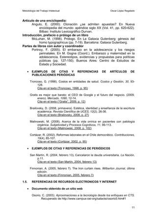 Metodología del Trabajo Intelectual                                   Oscar López Regalado



Artículo de una enciclopedia:
      Angulo, E. (2000). Clonación ¿se admiten apuestas? En Nueva
            enciclopedia del mundo: apéndice siglo XX (Vol. 41, pp. 620-622).
            Bilbao: Instituto Lexicográfico Durvan.
Introducción, prefacio o prólogo de un libro
      McLuhan, M. (1998). Prólogo. En La Galaxia Gutenberg: génesis del
            homo typographicus (pp. 7-19). Barcelona: Galaxia Gutenberg.
Partes de libros con autor y coordinador
      Portnoy, F. (2005). El embarazo en la adolescencia y los riesgos
            perinatales. En M. Gogna (Coord.). Embarazo y maternidad en la
            adolescencia. Estereotipos, evidencias y propuestas para políticas
            públicas (pp. 127-150). Buenos Aires: Centro de Estudios de
            Estado y Sociedad.

    •    EJEMPLOS DE CITAS Y REFERENCIAS                        DE    ARTÍCULOS       DE
         PUBLICACIONES PERIÓDICAS

        Troncoso, G. (1998). Costos en entidades de salud. Costos y Gestión, 30, 93-
             128.
             Cita en el texto (Troncoso, 1998, p. 95)

        Gratis es mejor que barato: el CEO de Google y el futuro del negocio. (2009,
              enero). Mercado, 1090, 12-14.
              Cita en el texto (“Gratis”, 2009, p. 12)

        Brailovsky, D. (2008, primavera). Estética, identidad y enseñanza de la escritura
              académica. Revista Científica de UCES, 12(2), 26-36.
              Cita en el texto (Brailovsky, 2008, p. 27)

        Malinowski, M. (2008). Acerca de la vida onírica en pacientes con patología
             orgánica. Subjetividad y Procesos Cognitivos, 11, 99-113.
             Cita en el texto (Malinowski, 2008, p. 102)

        Cortázar, R. (2002). Reformas laborales en el Chile democrático. Contribuciones,
             19(4), 85-107.
             Cita en el texto (Cortázar, 2002, p. 95)

    •    EJEMPLOS DE CITAS Y REFERENCIAS DE PERIÓDICOS

        San Martín, R. (2004, febrero 13). Cancelaron la deuda universitaria. La Nación,
             p.11.
             Cita en el texto (San Martín, 2004, febrero 13)

        Finnonian, A. (2005, febrero 7). The Iron curtain rises. Wilberton Journal, última
             edición.
             Cita en el texto (Finnonian, 2005, febrero 7)

1.5.     REFERENCIAS DE RECURSOS ELECTRONICOS Y INTERNET

    •    Documento obtenido de un sitio web

         Osorio, C. (2003). Aproximaciones a la tecnología desde los enfoques en CTS.
                Recuperado de http://www.campus-oei-org/salactsi/osorio5.htm#1


                                                                                       11
 