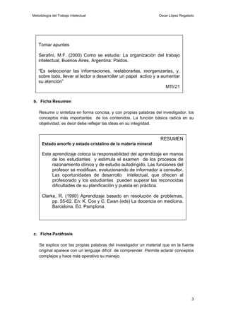 Metodología del Trabajo Intelectual                               Oscar López Regalado




    Tomar apuntes

    Serafini, M.F. (2000) Como se estudia: La organización del trabajo
    intelectual, Buenos Aires, Argentina: Paidos.

    “Es seleccionar las informaciones, reelaborarlas, reorganizarlas, y,
    sobre todo, llevar al lector a desarrollar un papel activo y a aumentar
    su atención”
                                                                     MTI/21


b. Ficha Resumen

    Resume o sintetiza en forma concisa, y con propias palabras del investigador, los
    conceptos más importantes de los contenidos. La función básica radica en su
    objetividad, es decir debe reflejar las ideas en su integridad.


                                                                   RESUMEN
      Estado amorfo y estado cristalino de la materia mineral

      Este aprendizaje coloca la responsabilidad del aprendizaje en manos
           de los estudiantes y estimula el examen de los procesos de
           razonamiento clínico y de estudio autodirigido. Las funciones del
           profesor se modifican, evolucionando de informador a consultor.
           Las oportunidades de desarrollo intelectual, que ofrecen al
           profesorado y los estudiantes pueden superar las reconocidas
           dificultades de su planificación y puesta en práctica.

      Clarke, R. (1990) Aprendizaje basado en resolución de problemas,
           pp. 55-62. En: K. Cox y C. Ewan (eds) La docencia en medicina.
           Barcelona. Ed. Pamplona.




c. Ficha Paráfrasis

    Se explica con las propias palabras del investigador un material que en la fuente
    original aparece con un lenguaje difícil de comprender. Permite aclarar conceptos
    complejos y hace más operativo su manejo.




                                                                                    3
 
