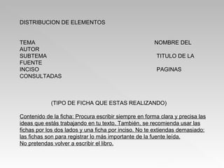 DISTRIBUCION DE ELEMENTOS TEMA  NOMBRE DEL AUTOR SUBTEMA  TITULO DE LA FUENTE INCISO  PAGINAS CONSULTADAS (TIPO DE FICHA QUE ESTAS REALIZANDO) Contenido de la ficha: Procura escribir siempre en forma clara y precisa las ideas que estás trabajando en tu texto. También, se recomienda usar las fichas por los dos lados y una ficha por inciso. No te extiendas demasiado: las fichas son para registrar lo más importante de la fuente leída. No pretendas volver a escribir el libro. 