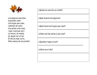 -¿Quién se marcha en otoño?



Los pájaros marchan        -¿Qué buscan los pájaros?
buscando calor.
Las hojas que caen,
cambian de color.          -¿Qué hacen las hojas que caen?
Las setas y las uvas,      ____________________________________________
¡ qué ricas que son !
La lluvia y la niebla      -¿Cómo son las setas y las uvas?
no dejan ver el sol.
El día es más corto,
¡Nos vamos de excursión!   -¿Quiénes tapan el sol?
                           _______________________________________

                           -¿Cómo es el día?
                           ____________________________________________
 