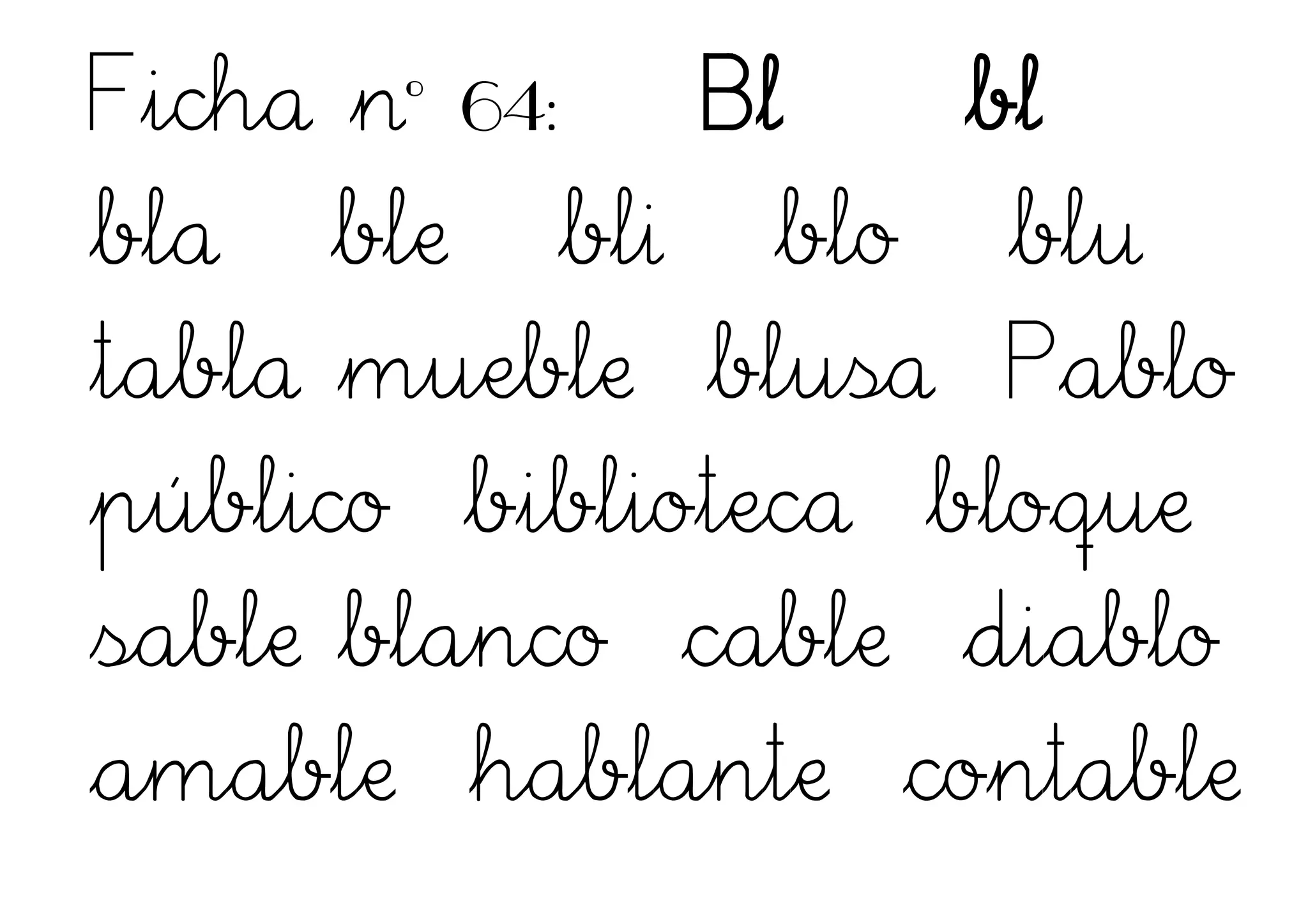 Ficha nº 64: Bl bl
bla ble bli blo blu
tabla mueble blusa Pablo
público biblioteca bloque
sable blanco cable diablo
amable hablante contable
 