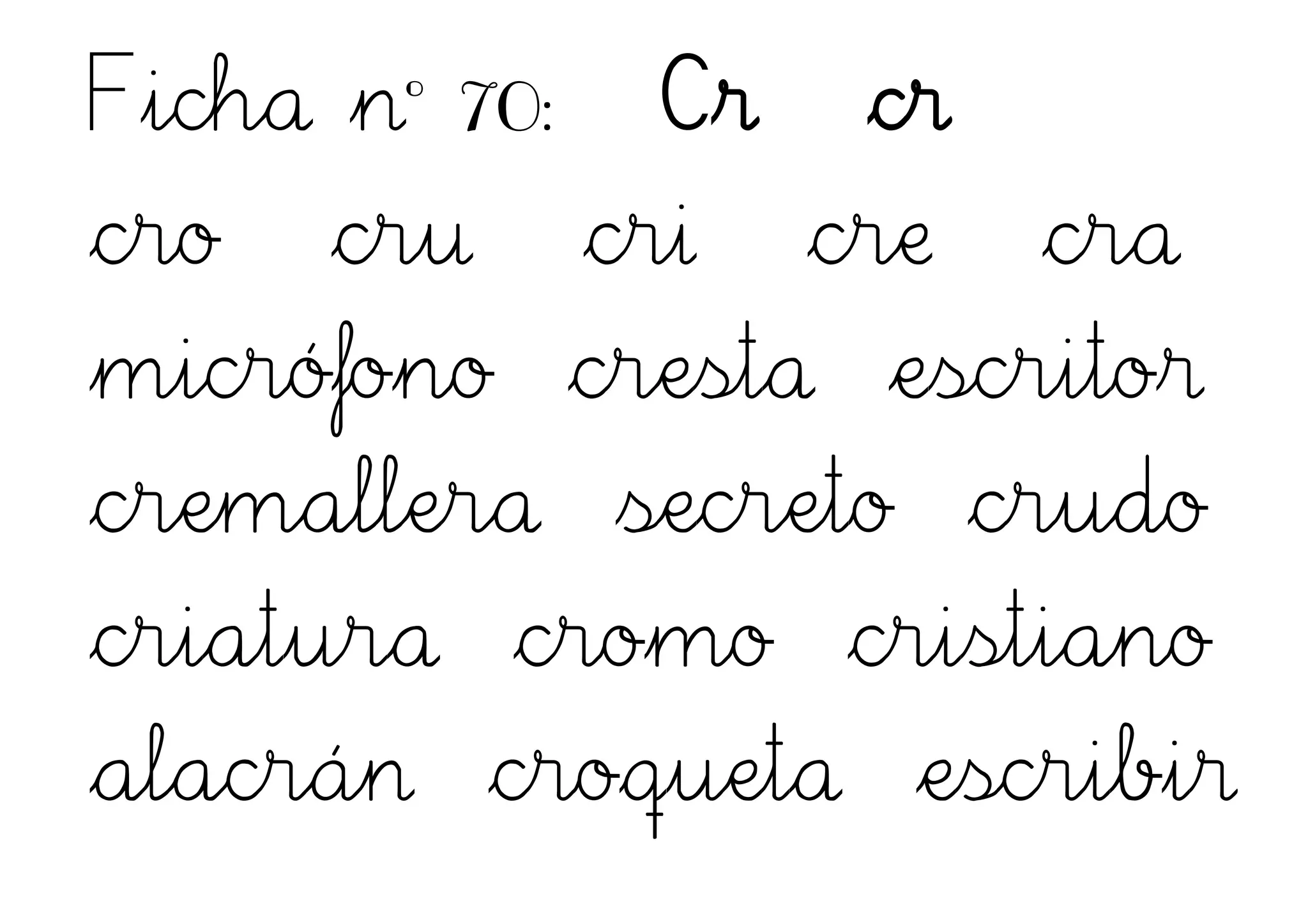 Ficha nº 70: Cr cr
cro cru cri cre cra
micrófono cresta escritor
cremallera secreto crudo
criatura cromo cristiano
alacrán croqueta escribir
 