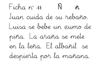 Ficha nº 41: Ñ ñ
Juan cuida de su rebaño.
Luisa se bebe un zumo de
piña. La araña se mete
en la leña. El albañil se
despierta por la mañana.
 