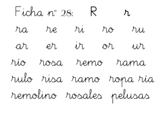 Ficha nº 28: R r
ra re ri ro ru
ar er ir or ur
río rosa remo rama
rulo risa ramo ropa ría
remolino rosales pelusas
 