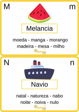 madeira - mesa - milho
ABC
Aquarela
noite - noiva - nulo
ABC
Aquarela
Melancia
M m
moeda - manga - morango
Navio
N n
natal - natureza - nabo
 