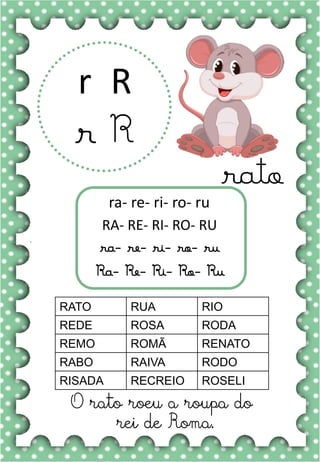 R
r
R
r
ra- re- ri- ro- ru
RA- RE- RI- RO- RU
ra- re- ri- ro- ru
Ra- Re- Ri- Ro- Ru
RATO RUA RIO
REDE ROSA RODA
REMO ROMÃ RENATO
RABO RAIVA RODO
RISADA RECREIO ROSELI
O rato roeu a roupa do
rei de Roma.
rato
 
