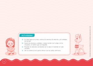 12
©
Grandes
Libros
Grupo
Editorial
S.A.C.
Prohibida
su
reproducción
D.L.
822
-
- En cada ffigura de arriba, colorea las decenas de amarrillo y las unidades,
de morado.
-
- Cuenta las decenas y unidades, y luego escribe con tu lápiz, en los
recuadros, el número que corresponda.
-
- Resuelve las adiciones escribiendo con tu lápíz el resultado en cada
recuadro.
-
- Une los números de la parte inferior con las sumas anteriores.
Actividades:
 